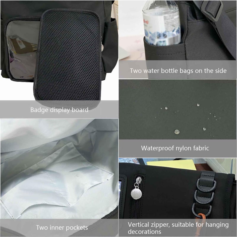 Winatehr black ita messenger bag for women, large capacity cute pin display crossbody bags , kawaii japanese anime ladies purse with water bottle holder, y2k korean college aesthetic carteras para mujer - Image 5