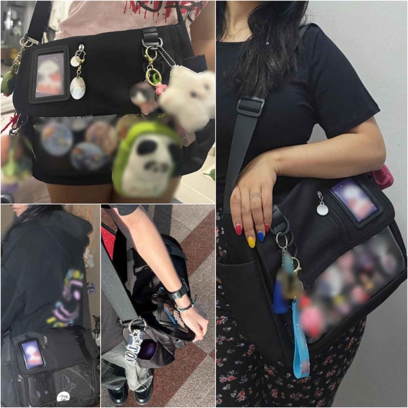 Winatehr black ita messenger bag for women, large capacity cute pin display crossbody bags , kawaii japanese anime ladies purse with water bottle holder, y2k korean college aesthetic carteras para mujer - Image 2
