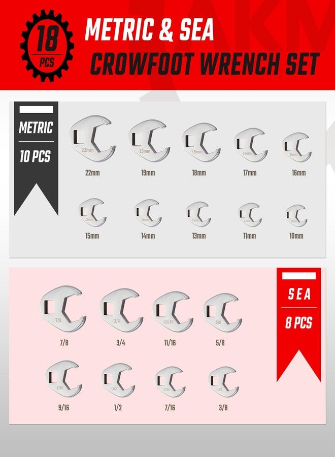 AKM 3/8" Drive Crowfoot Wrench Set, 18-Piece Cr-v Steel Flare Nut Wrench Set, 6 Point Flare Nut Crowfoot, Fully Polished Clear Mark SAE 3/8"-7/8" & Metric 10-22mm with Organizer Box - Image 2