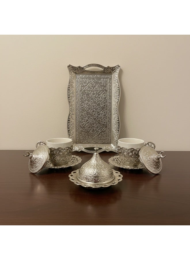 Acar Luxury 2-Person Turkish Coffee Set in Elegant Ottoman Style with Saucers, Holders, Cup Covers, Tray & Covered Sweet Dish – Magical Silver Finish – Made in Turkey - Image 2