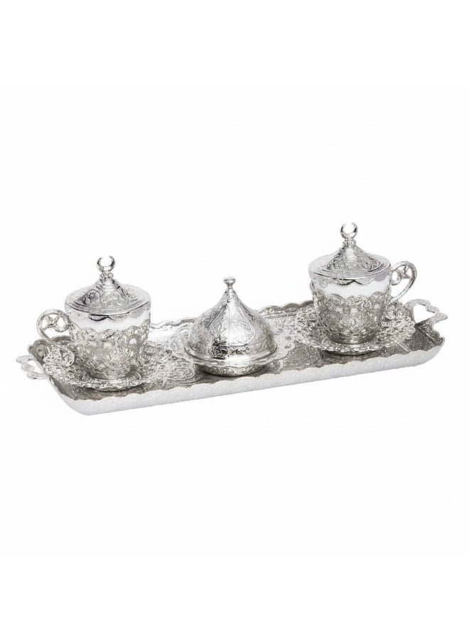Acar Luxury 2-Person Turkish Coffee Set in Elegant Ottoman Style with Saucers, Holders, Cup Covers, Tray & Covered Sweet Dish – Magical Silver Finish – Made in Turkey - Image 1