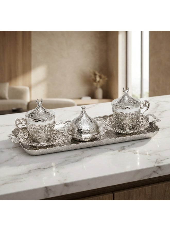 Acar Luxury 2-Person Turkish Coffee Set in Elegant Ottoman Style with Saucers, Holders, Cup Covers, Tray & Covered Sweet Dish – Magical Silver Finish – Made in Turkey - Image 1