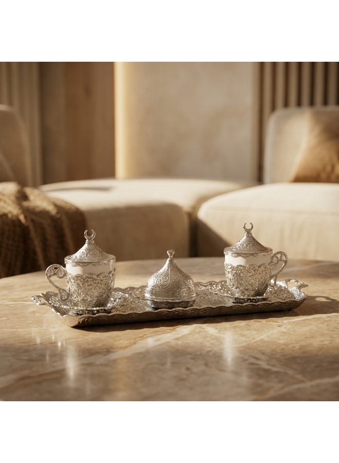Acar Luxury 2-Person Turkish Coffee Set in Elegant Ottoman Style with Saucers, Holders, Cup Covers, Tray & Covered Sweet Dish – Magical Silver Finish – Made in Turkey - Image 3