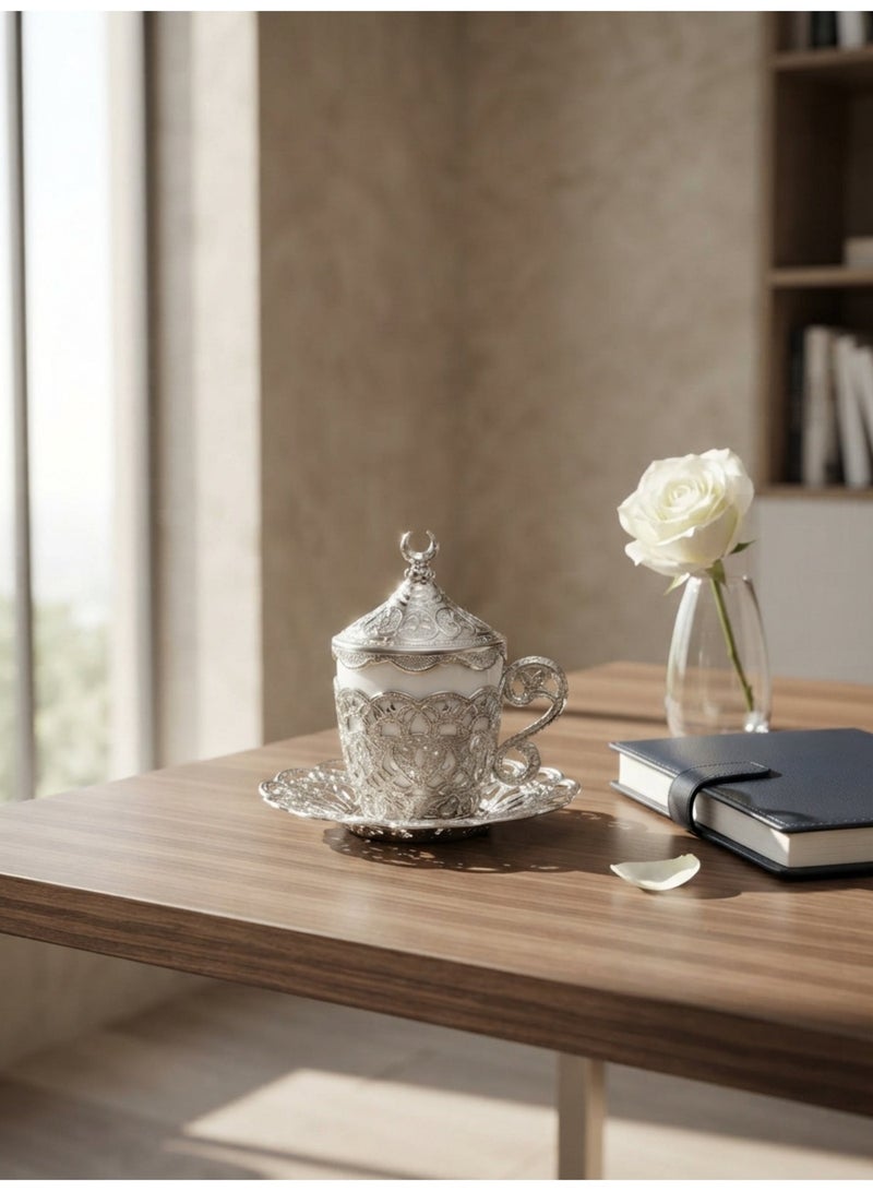 Acar Luxury 2-Person Turkish Coffee Set in Elegant Ottoman Style with Saucers, Holders, Cup Covers, Tray & Covered Sweet Dish – Magical Silver Finish – Made in Turkey - Image 2
