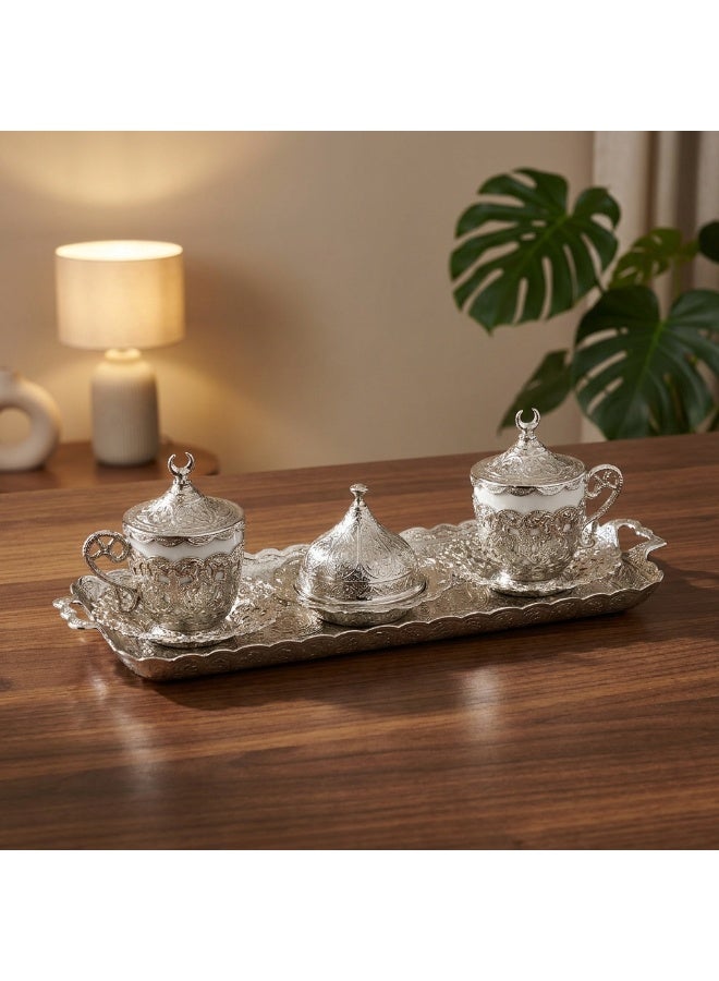 Acar Luxury 2-Person Turkish Coffee Set in Elegant Ottoman Style with Saucers, Holders, Cup Covers, Tray & Covered Sweet Dish – Magical Silver Finish – Made in Turkey - Image 4
