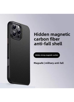 Suitable For IPhone16Promax Carbon Fiber Pattern Mobile Phone Case Magnetic Suction Wireless Charging Apple 15 All-inclusive Anti-drop Protective Case-Color:Black [metal Lens Frame]-Applicable Models:iPhone16