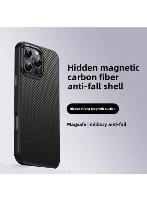 Suitable For IPhone16Promax Carbon Fiber Pattern Mobile Phone Case Magnetic Suction Wireless Charging Apple 15 All-inclusive Anti-drop Protective Case-Color:Black [metal Lens Frame]-Applicable Models:iPhone16