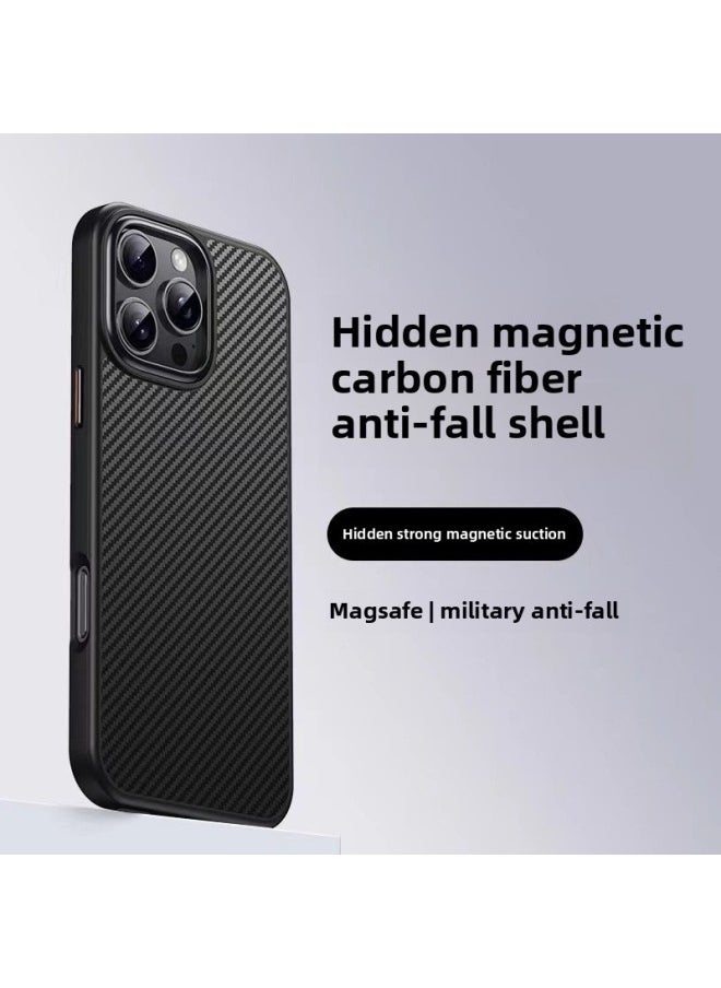Generic - Suitable For IPhone16Promax Carbon Fiber Pattern Mobile Phone Case Magnetic Suction Wireless Charging Apple 15 All-inclusive Anti-drop Protective Case-Color:Black [metal Lens Frame]-Applicable Models:iPhone16 - Image 1