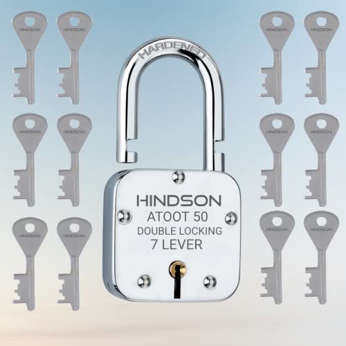 Hindson Small Lock Round 50mm with 12 Key, Iron Atoot 50 Steel Double Locking, 8 Lever Padlock for Door, Gate, Shutter (Finish Silver) - Image 1