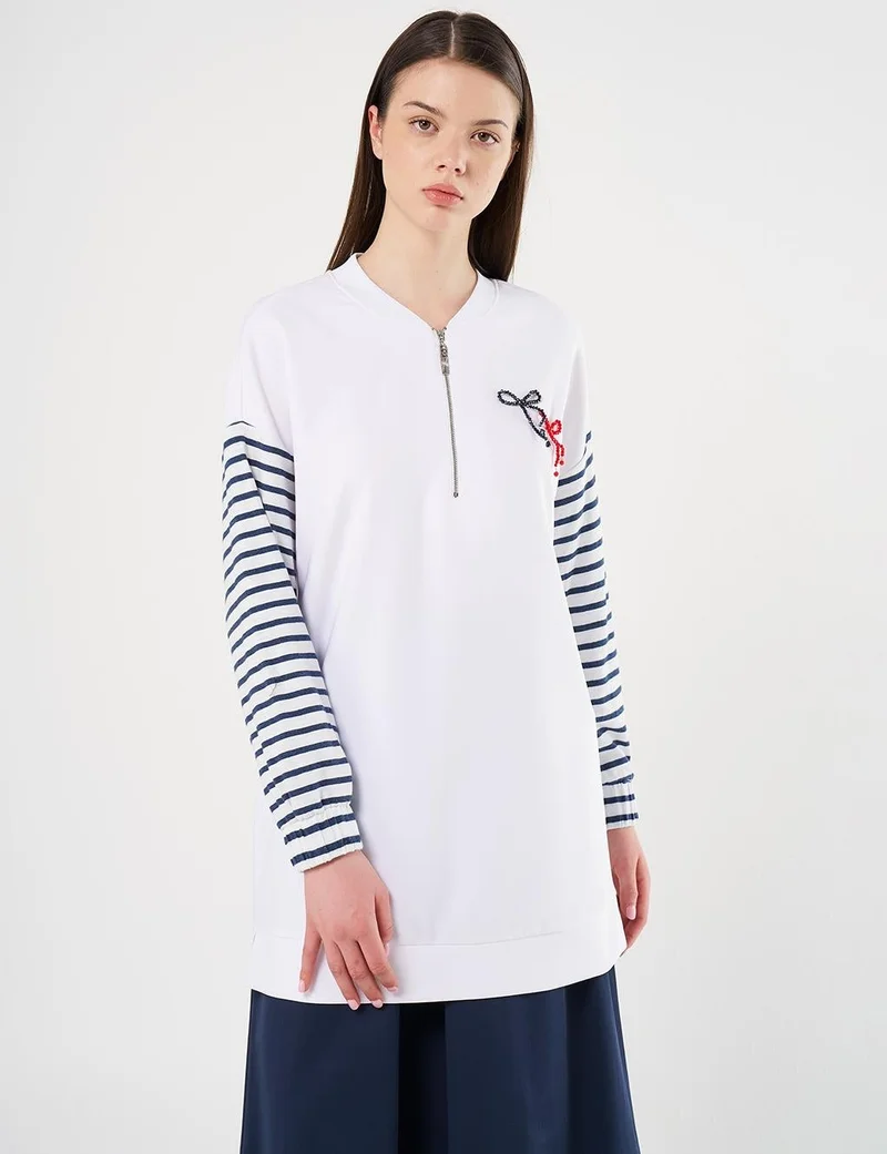 Kayra Bead Embellished Knit Tunic in Optical White