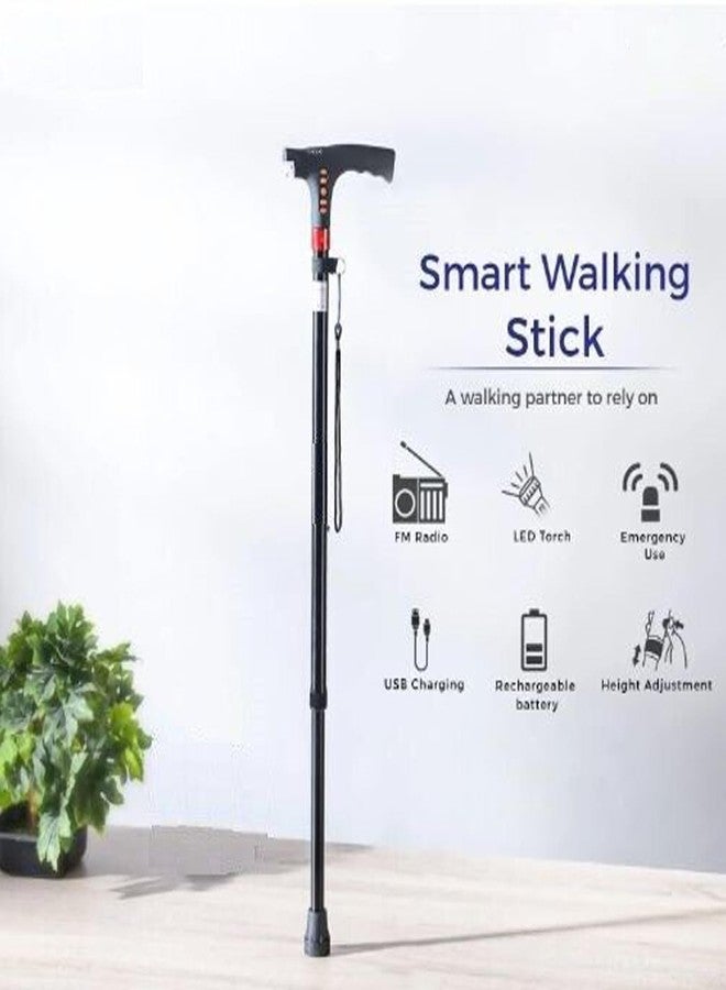 SMIC Smart Walking Stick with LED Lights, Adjustable Cane with Automatic Alarm System FM Radio Adjustable Rechargeable Walking Stick for Seniors Men Women (Black) - Image 2
