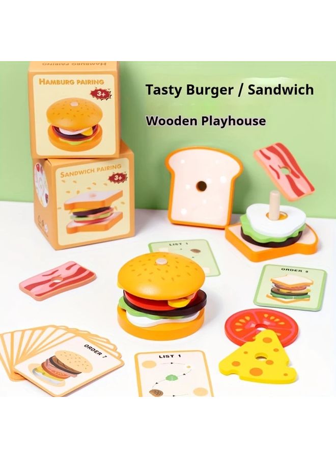 Hamburger Wooden Sorting Stacking Toy For Hand Eye Coordination Problem Solving Skills - Image 2