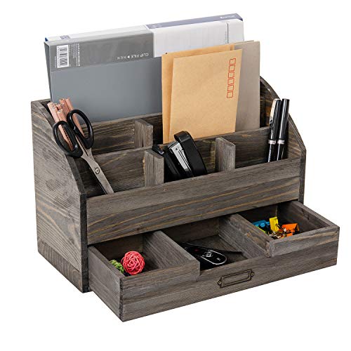 canwedance Distressed Rustic Wooden Office Desk Organizer 5 Compartment with 2 Drawer &Counter Desk Tabletop Desktop Mail Rack, Pens, Notebooks, Folders, Pencils and Office Supplies (Rock Grey) - Image 4
