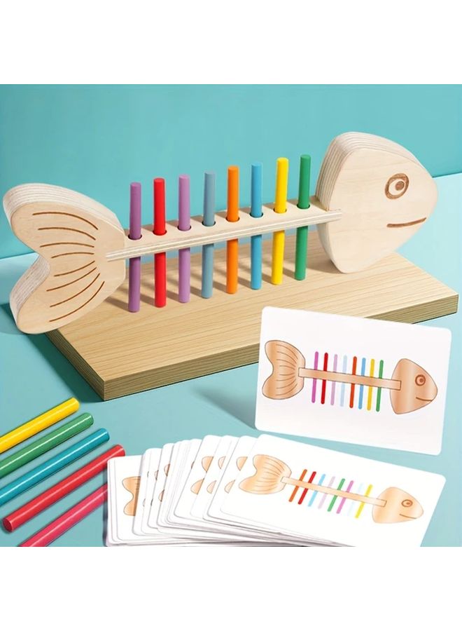 Wooden Fishbone Color Sorting Game With 30 Double Sided Cards For Cognitive Training - Image 1