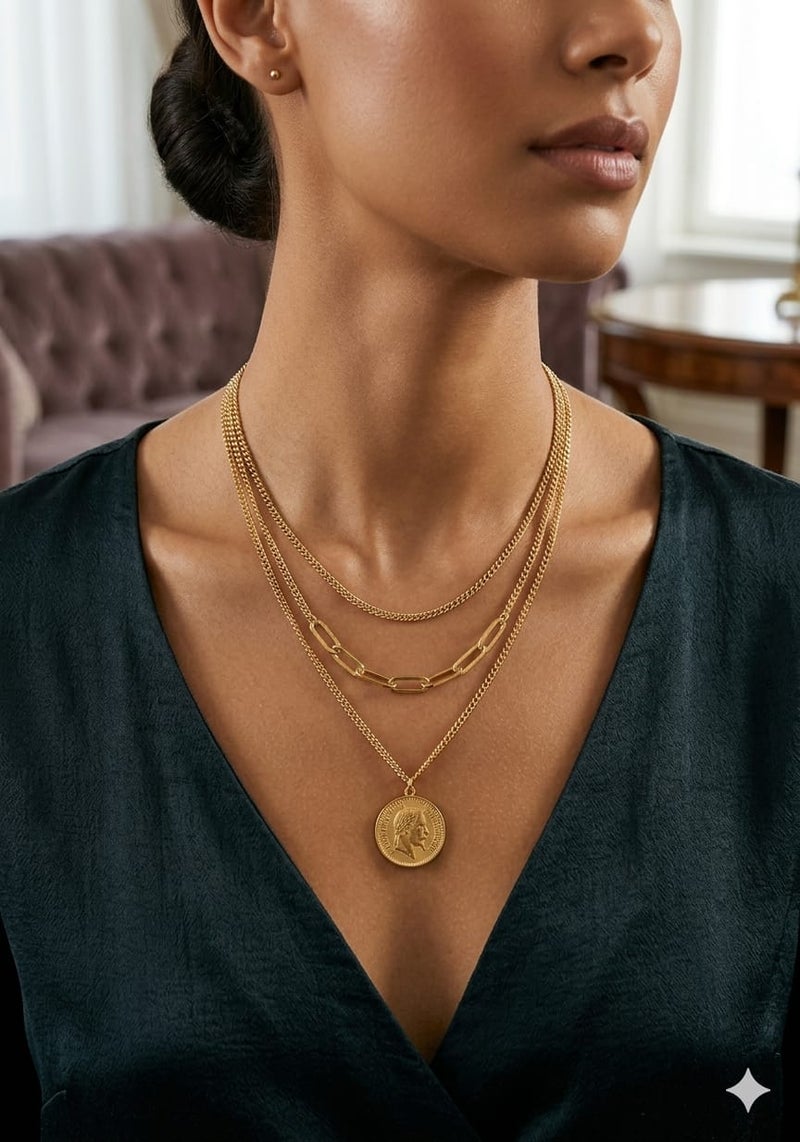 Women's Multi-Layered Necklace with Classic Coin Pendant - Sophisticated Accessory
