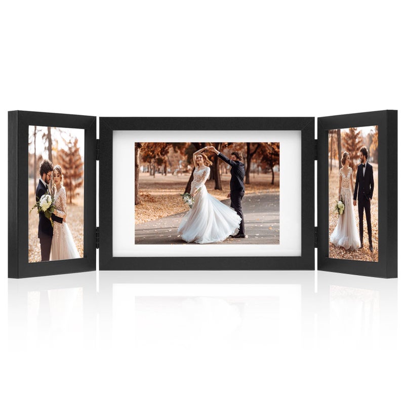 DECOCIAGA DECOCIAGA Hinged 3 Picture Frame 4x6 & 5x7 Folding Collage Photo Frames Multiple Wooden Desk Picture Frames with Mat for Office Tabletop or Wall Decor  Black  - Image 1