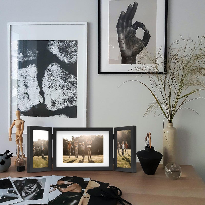 DECOCIAGA DECOCIAGA Hinged 3 Picture Frame 4x6 & 5x7 Folding Collage Photo Frames Multiple Wooden Desk Picture Frames with Mat for Office Tabletop or Wall Decor  Black  - Image 3
