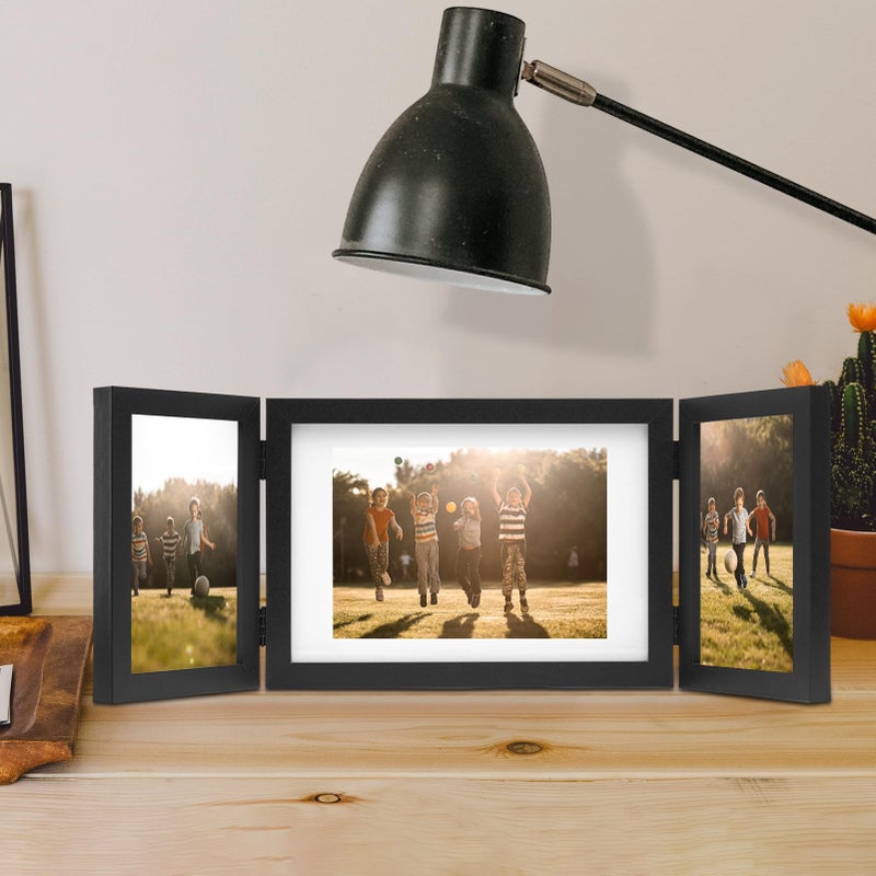 DECOCIAGA DECOCIAGA Hinged 3 Picture Frame 4x6 & 5x7 Folding Collage Photo Frames Multiple Wooden Desk Picture Frames with Mat for Office Tabletop or Wall Decor  Black  - Image 2