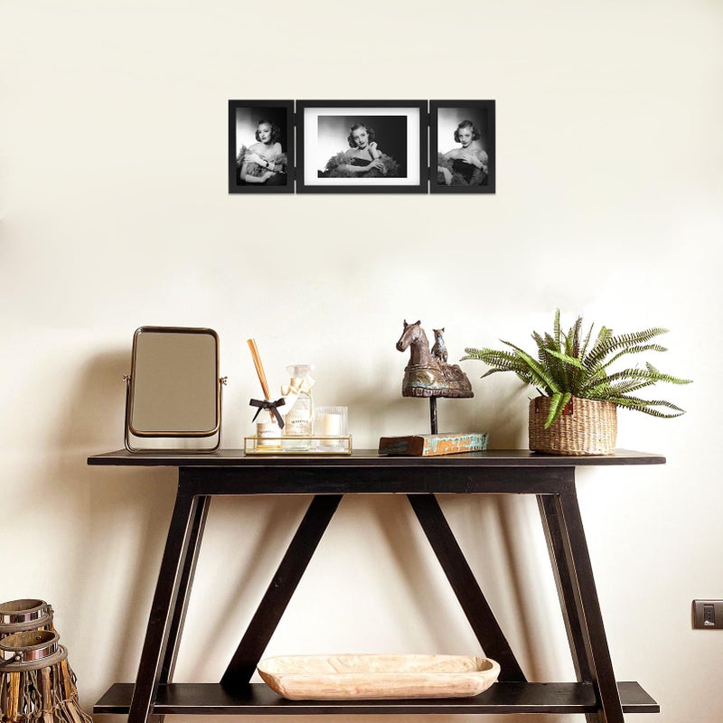 DECOCIAGA DECOCIAGA Hinged 3 Picture Frame 4x6 & 5x7 Folding Collage Photo Frames Multiple Wooden Desk Picture Frames with Mat for Office Tabletop or Wall Decor  Black  - Image 4