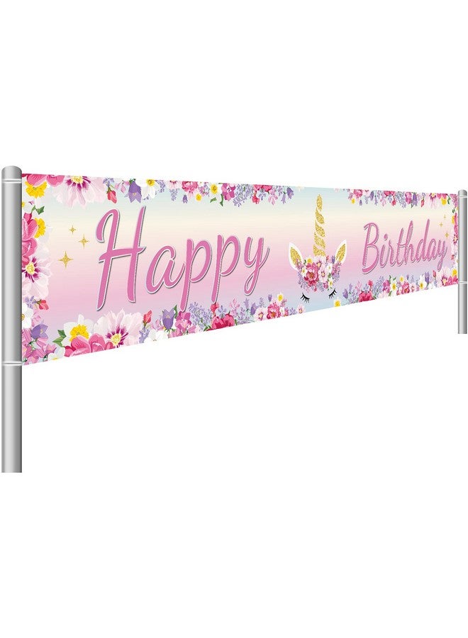 Tatuo Large Unicorn Happy Birthday Banner 1.3 x 8.2 ft Huge Pink Unicorn Flowers Birthday Banner Floral Yard Sign Decorations for Outdoor Indoor Party Decor Backdrop - Image 1