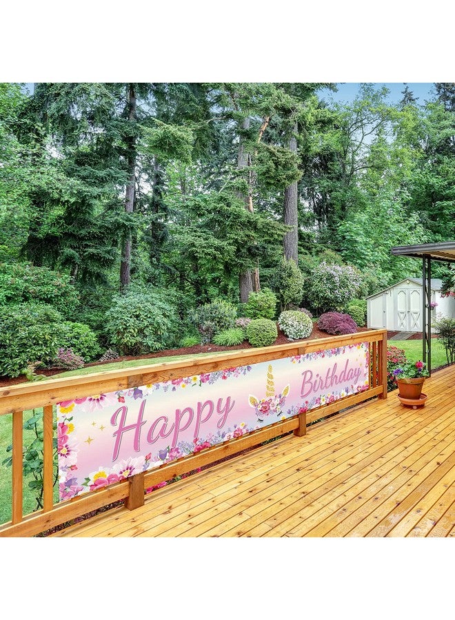 Tatuo Large Unicorn Happy Birthday Banner 1.3 x 8.2 ft Huge Pink Unicorn Flowers Birthday Banner Floral Yard Sign Decorations for Outdoor Indoor Party Decor Backdrop - Image 5