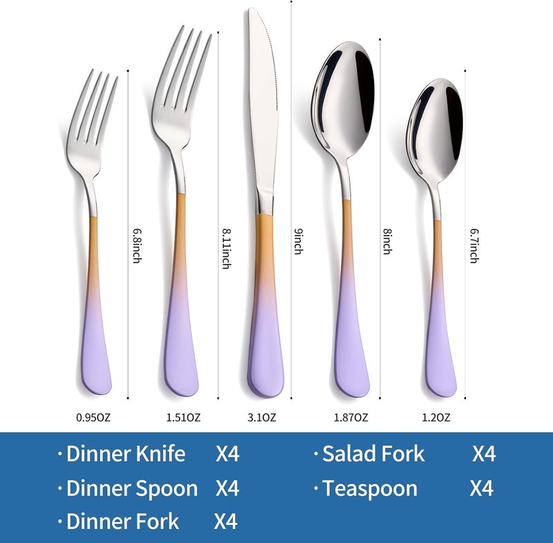 Moxinox 20-Piece Purple&Orange Silverware Set,18/0 Stainless Steel Colorful Handle Flatware Set, Service for 4, Modern Cutlery Set Includes Dinner Knives Forks Spoons, Mirror Polished,Dishwasher Safe - Image 2