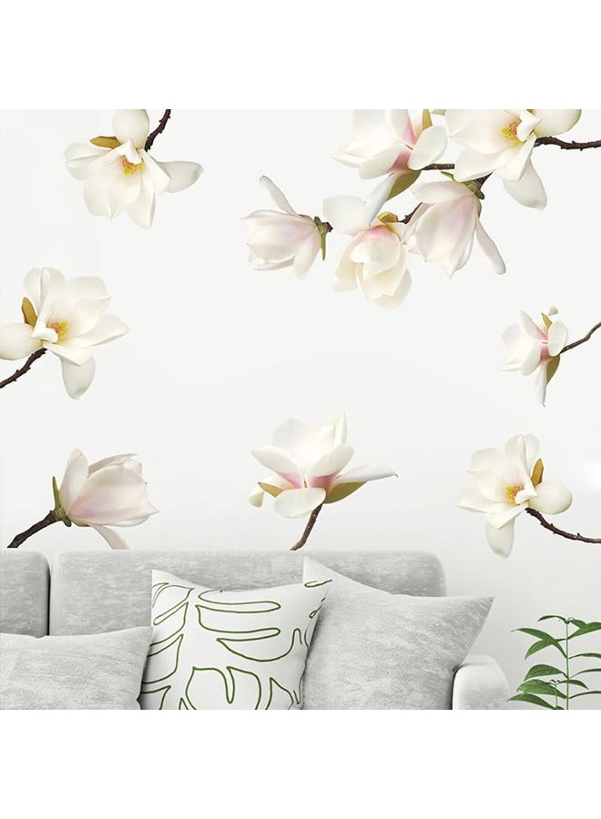 Runtoo 3D White Flower Wall Stickers Magnolia Floral Wall Art Decals for Girls Bedroom Living Room Wall Decor - Image 1
