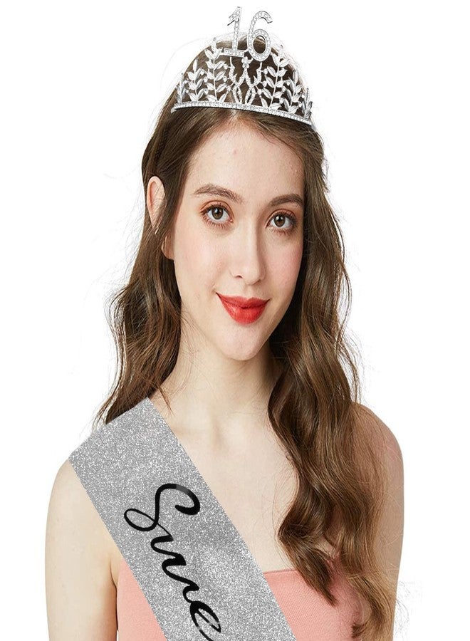 CIEHER Sweet 16 Sash & 16 Birthday Crown for Girls Set, Sweet Sixteen Birthday Sash Tiara 16th Birthday Sash and 16 Crown for Girls 16 Tiara 16th Birthday Gifts for Girls Happy 16th Birthday Party Favor Supplies Sweet 16 Birthday Decorations - Silver - Image 2