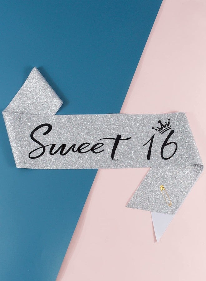 CIEHER Sweet 16 Sash & 16 Birthday Crown for Girls Set, Sweet Sixteen Birthday Sash Tiara 16th Birthday Sash and 16 Crown for Girls 16 Tiara 16th Birthday Gifts for Girls Happy 16th Birthday Party Favor Supplies Sweet 16 Birthday Decorations - Silver - Image 4