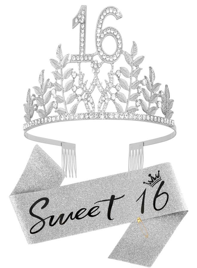 CIEHER Sweet 16 Sash & 16 Birthday Crown for Girls Set, Sweet Sixteen Birthday Sash Tiara 16th Birthday Sash and 16 Crown for Girls 16 Tiara 16th Birthday Gifts for Girls Happy 16th Birthday Party Favor Supplies Sweet 16 Birthday Decorations - Silver - Image 1