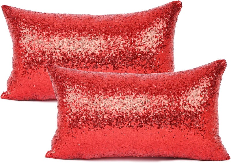 YOUR SMILE Pack of 2, New Luxury Series Red Decorative Glitzy Sequin & Comfy Satin Solid Throw Pillow Cover Cushion Case for Wedding/Party,12" x 20" - Image 1
