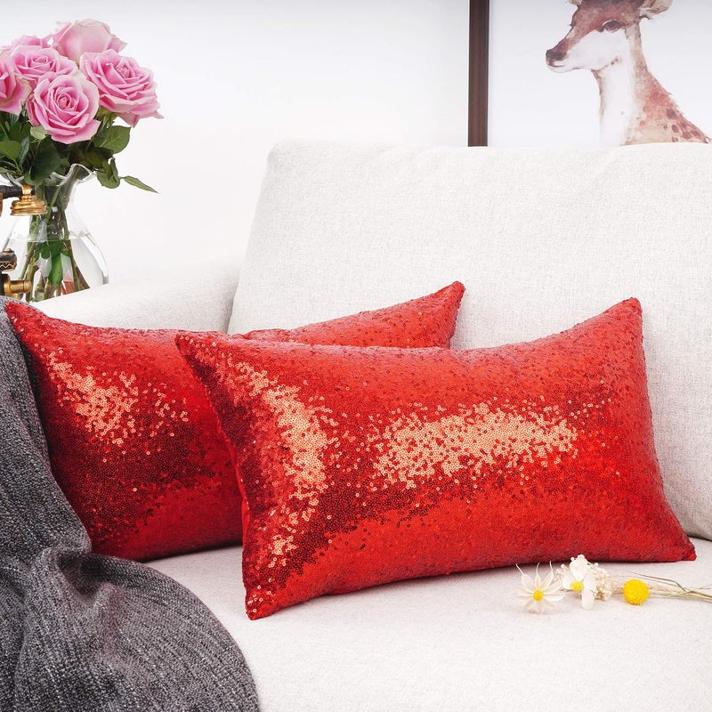 YOUR SMILE Pack of 2, New Luxury Series Red Decorative Glitzy Sequin & Comfy Satin Solid Throw Pillow Cover Cushion Case for Wedding/Party,12" x 20" - Image 2
