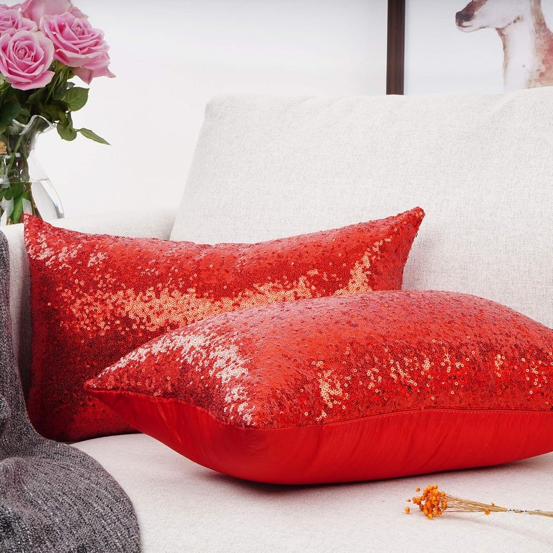YOUR SMILE Pack of 2, New Luxury Series Red Decorative Glitzy Sequin & Comfy Satin Solid Throw Pillow Cover Cushion Case for Wedding/Party,12" x 20" - Image 3