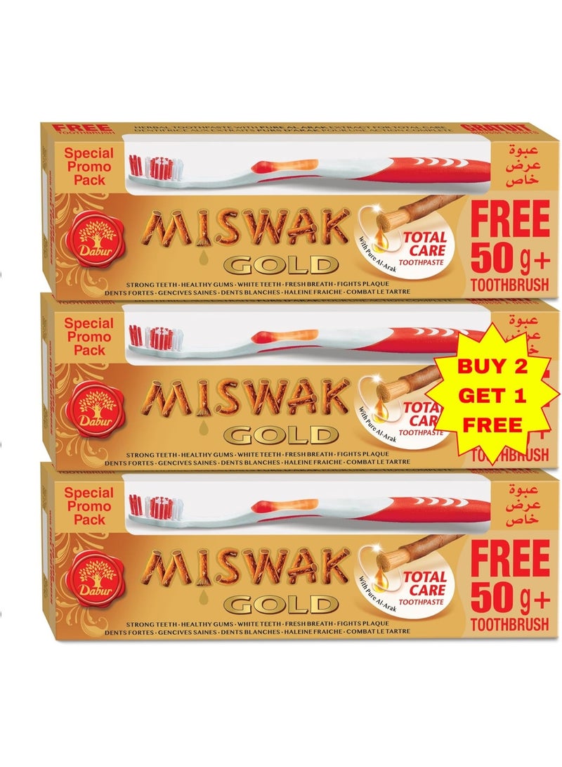 دابر معجون أسنان دابر مسواك جولد للعناية الكاملة + فرشاة أسنان ٣ × ١٧٠ غرام (٢ + ١ مجاناً) | مُصمم بمستخلصات نقية من العرق | للثة صحية وأسنان قوية | عبوة اقتصادية - Image 1
