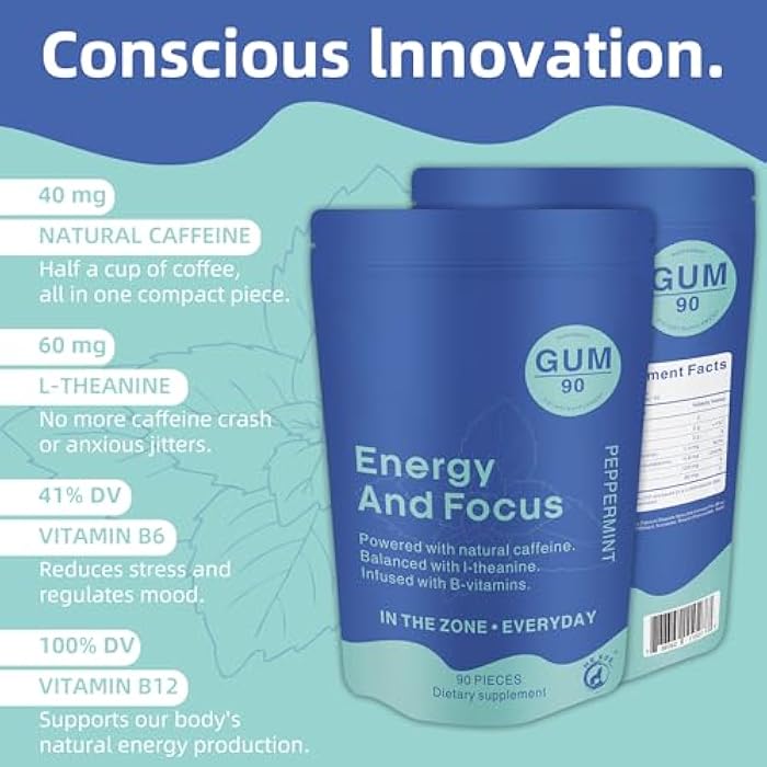 Mr Ros Energy & Focus Gum (Peppermint, 90 Pieces) | 80mg Natural Caffeine + L-Theanine + Vitamin B12 & B6 | Sugar Free Nootropic Brain Supplement - Image 5