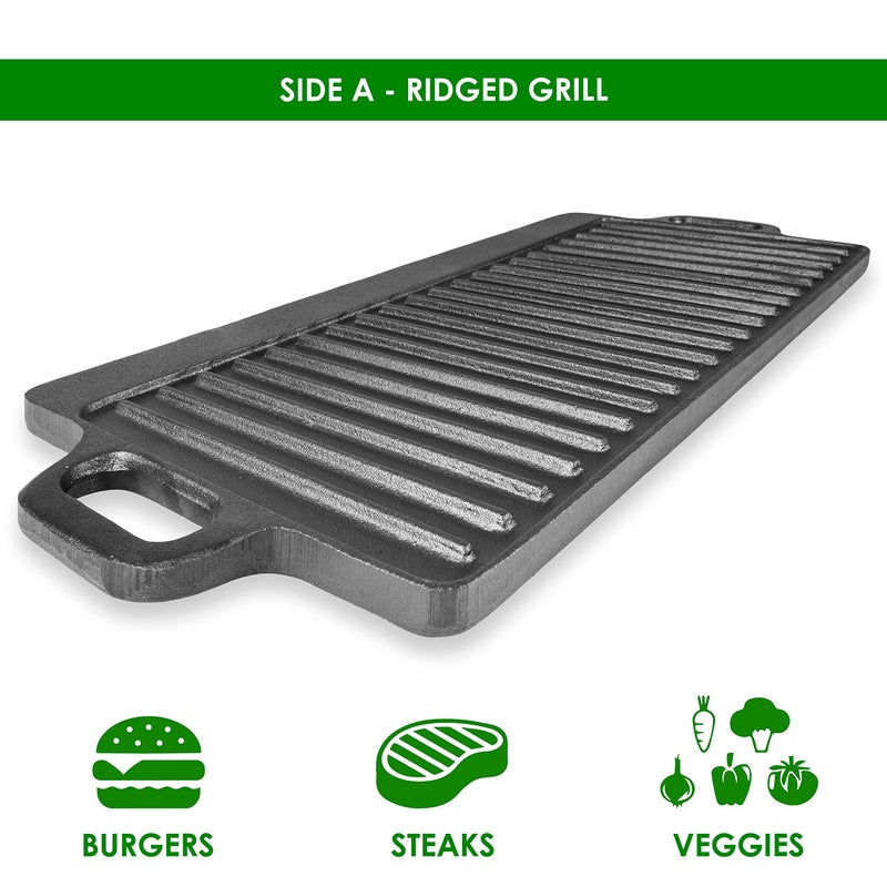 ProSource 2-in-1 Reversible 19.5” x 9” Cast Iron Griddle with Handles, Preseasoned & Non-Stick for Gas Stovetop, Oven, and Open Fire. - Image 3
