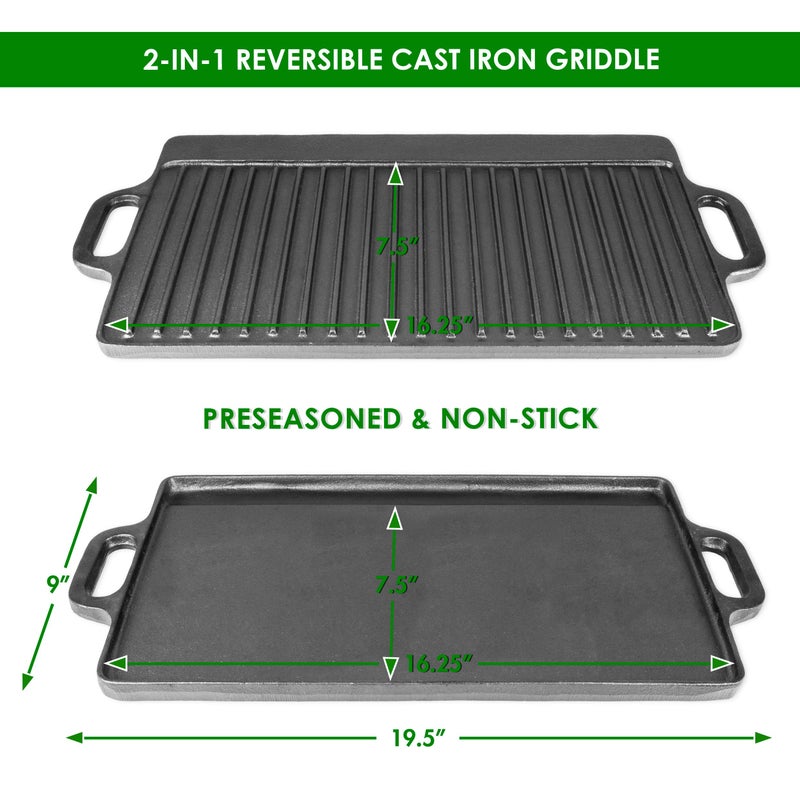 ProSource 2-in-1 Reversible 19.5” x 9” Cast Iron Griddle with Handles, Preseasoned & Non-Stick for Gas Stovetop, Oven, and Open Fire. - Image 2