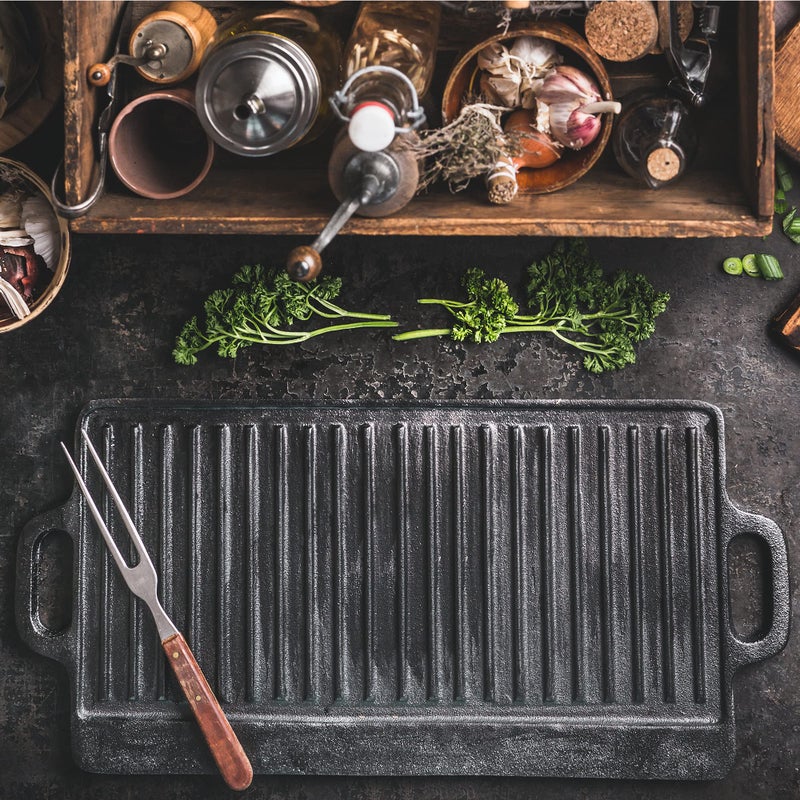 ProSource 2-in-1 Reversible 19.5” x 9” Cast Iron Griddle with Handles, Preseasoned & Non-Stick for Gas Stovetop, Oven, and Open Fire. - Image 5
