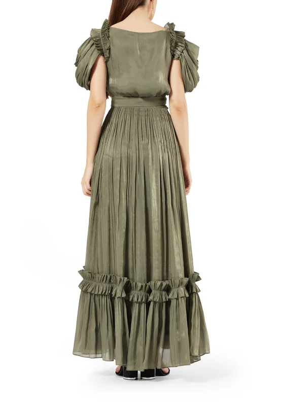 Amri Cold Shoulder Hand Embellished Ruffle Trim Dress