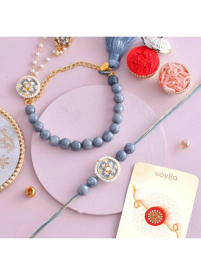 VOYLLA White Pearls Beaded And Enamelled Bhaiya Bhabhi Rakhi'S