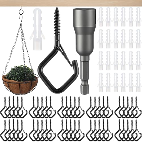 LEIFIDE 150 Pcs Heavy Duty Ceiling Hooks for Hanging Plants Screw in Hooks with Safety Buckle for Outdoor String Light Metal Plant Hook for Bird Feeder Wind Chimes Patio Garden Decor - Image 1
