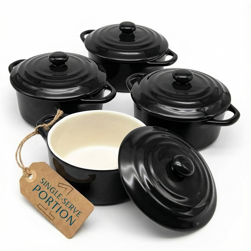 Kook Ceramic Mini Cocotte Set, Small Casserole Dishes with Lids and Handles, Individual Baking Ramekins, Oven safe 350F, Microwave & Dishwasher Safe, Stoneware, 12 oz, Set of 4, (Black) - Image 1