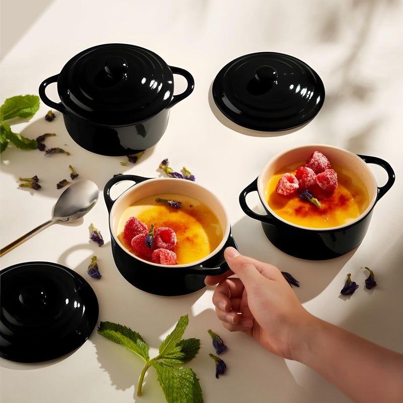 Kook Ceramic Mini Cocotte Set, Small Casserole Dishes with Lids and Handles, Individual Baking Ramekins, Oven safe 350F, Microwave & Dishwasher Safe, Stoneware, 12 oz, Set of 4, (Black) - Image 2