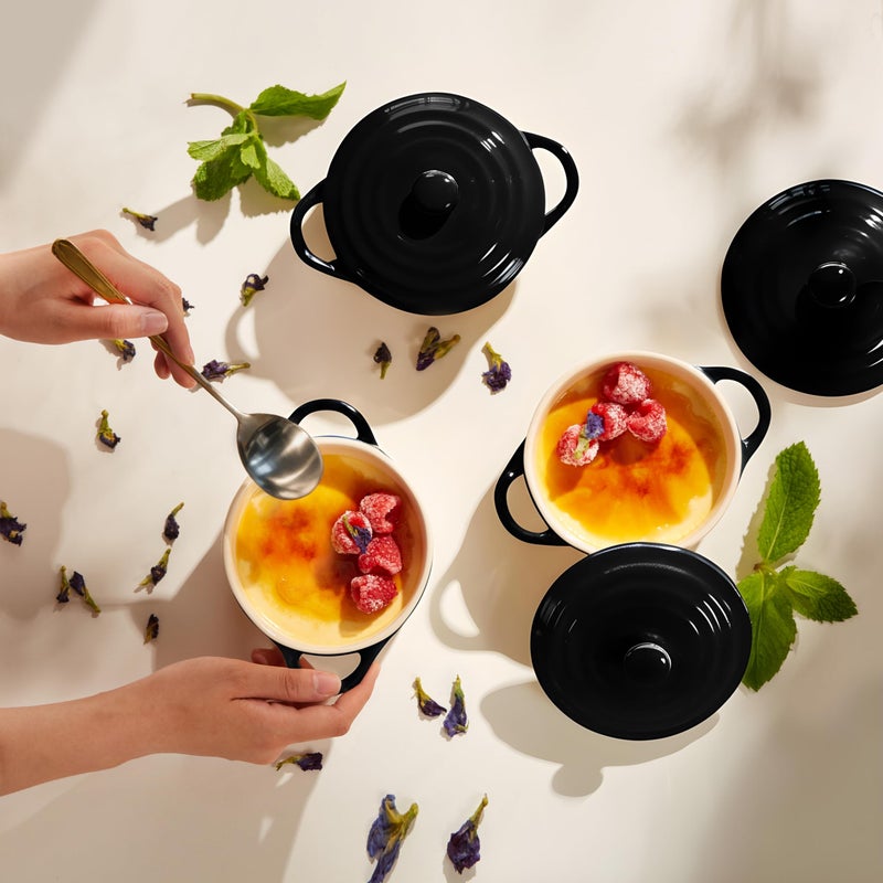 Kook Ceramic Mini Cocotte Set, Small Casserole Dishes with Lids and Handles, Individual Baking Ramekins, Oven safe 350F, Microwave & Dishwasher Safe, Stoneware, 12 oz, Set of 4, (Black) - Image 3