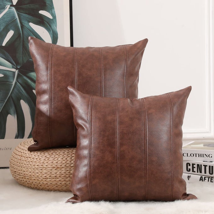 SET OF 2 FAUX LEATHER STRIPE DECORATIVE THROW PILLOW COVERS MODERN SOLID OUTDOOR CUSHION CASES LUXURY PILLOWCASES FOR COUCH SOFA BED 22X22 INCHES DARK BROWN