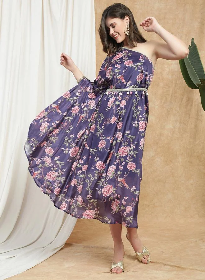globus Women Purple Floral Print One Shoulder Midi Dress