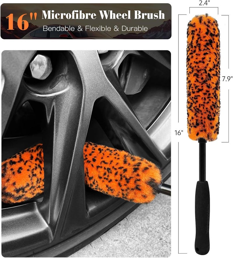 YeewayVeh 7PCS Car Wheel Cleaning Brush Kit, 2 Sizes Long Handle Bendable Wheel Cleaner Brush, Scratch-Free Detailing Brush, Tire Brush and Chain Brush, Soft Mitt and Towel for Motorcycle and Bicycles - Image 3