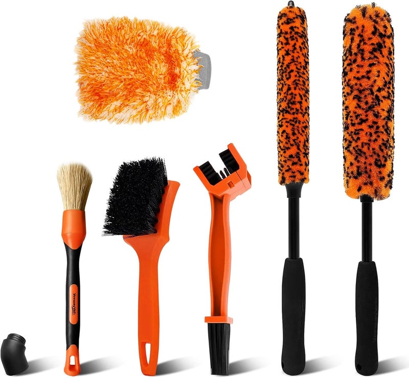 YeewayVeh 7PCS Car Wheel Cleaning Brush Kit, 2 Sizes Long Handle Bendable Wheel Cleaner Brush, Scratch-Free Detailing Brush, Tire Brush and Chain Brush, Soft Mitt and Towel for Motorcycle and Bicycles - Image 1