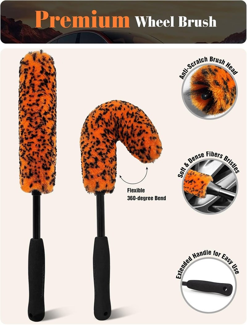 YeewayVeh 7PCS Car Wheel Cleaning Brush Kit, 2 Sizes Long Handle Bendable Wheel Cleaner Brush, Scratch-Free Detailing Brush, Tire Brush and Chain Brush, Soft Mitt and Towel for Motorcycle and Bicycles - Image 4