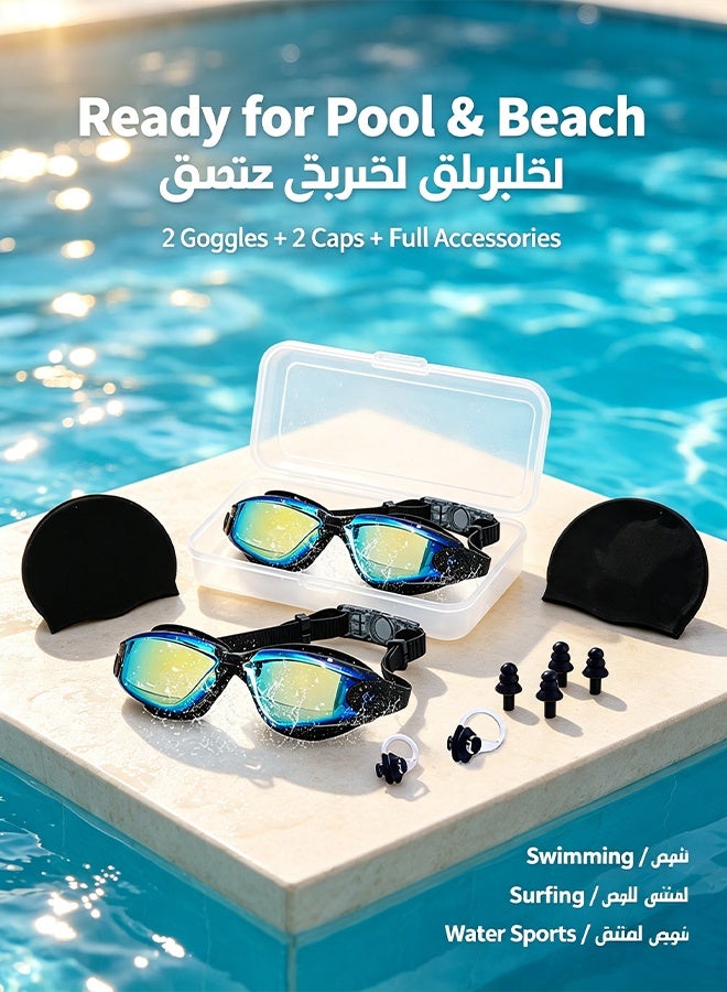 SUCITY 2 Sets 5-in-1 Anti-Fog Swimming Goggles - Goggle Set with Swimming Cap-Earplugs-Nose Clip-Leak-Proof Goggles-Waterproof Swimming Goggles that Can Effectively Block Ultraviolet Rays-Suitable for everyone - Image 2
